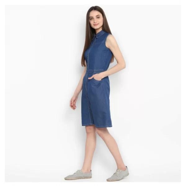 Generic Women's Denim Solid Sleeveless Above Knee Dress (Blue)