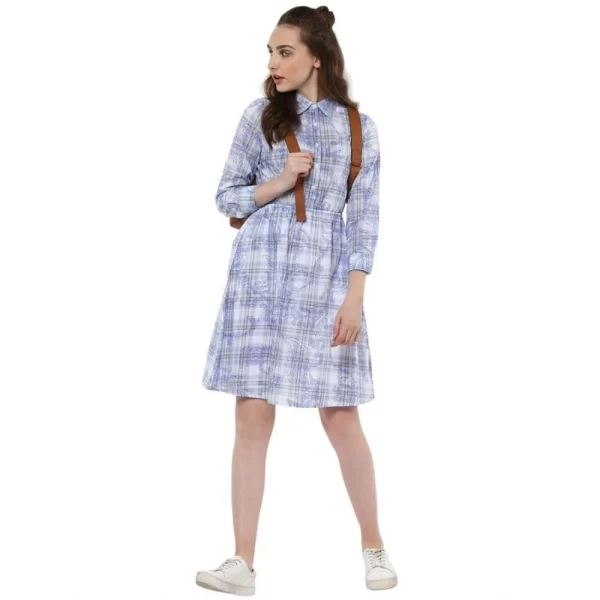 Generic Women's Cotton Checkered Roll Up Sleeve Above Knee Dress (Blue)