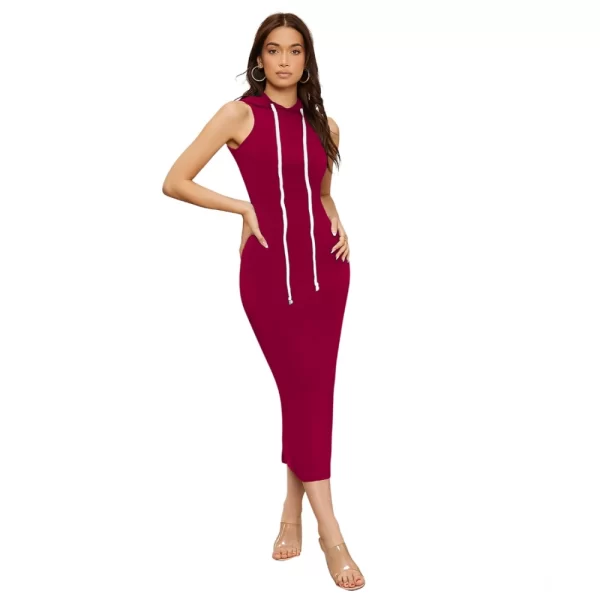 Generic Women's Knitting stretchable Solid Round Neck Sleeveless Dress (Maroon)