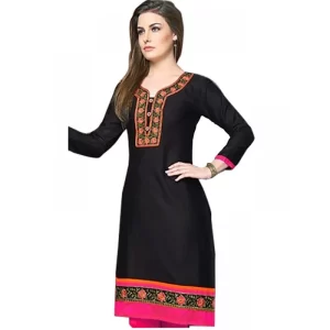 Women’s Linen and Cotton Mix Kurtis (Black, Pink, L)