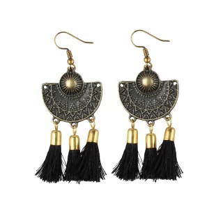 Generic Women’s Gold Plated Tassel Fashion Earrings-Black