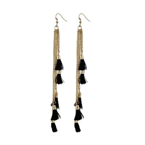 Generic Women’s Alloy, Beads Hook Dangler Hanging Tassel Earrings-Black