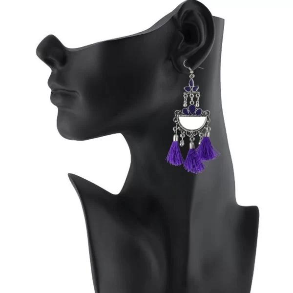 Women's Silver Plated Afgani Tassel Earrings-Purple