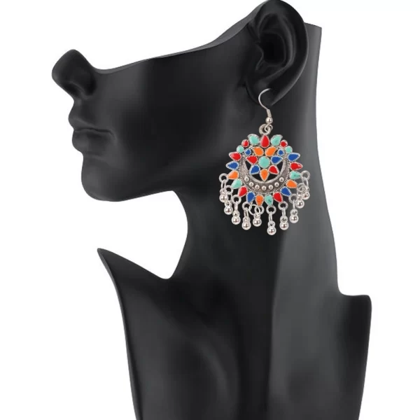 Women's Oxidize Silver plated Hook Dangler Hanging Afgani Earrings-Multicolour