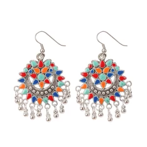 Generic Women’s Oxidize Silver plated Hook Dangler Hanging Afgani Earrings-Multicolour