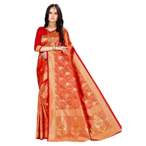 Women’s Banarasi silk Saree with Blouse (Red, 5-6mtr)