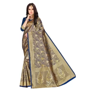 Women’s Banarasi silk Saree with Blouse (Navy blue, 5-6mtr)