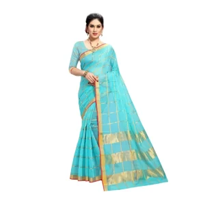 Women’s Kota Doria Cotton Saree With Blouse (Sky Blue,6-3 Mtrs)