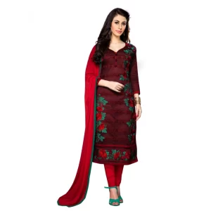 Women’s Cotton Unstitched Salwar Suit-Material With Dupatta (Dark Maroon,2.3 Mtrs)