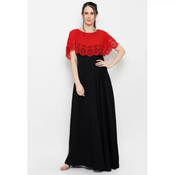 Women's Crepe Solid Sleeveless Full Length Gown(Red Black)