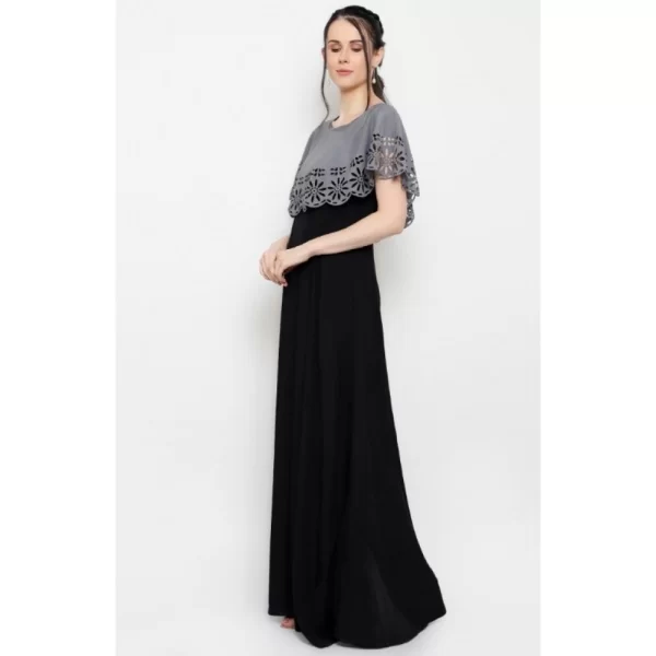 Women's Crepe Solid Sleeveless Full Length Gown(Grey Black)