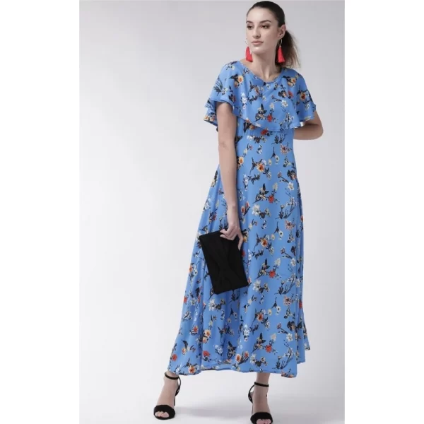 Women's Crepe Floral Half Sleeves Full Length Gown(Blue)