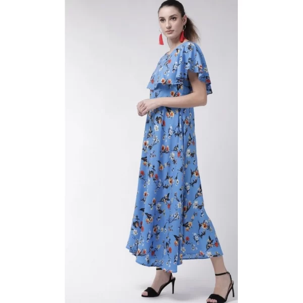Women's Crepe Floral Half Sleeves Full Length Gown(Blue)