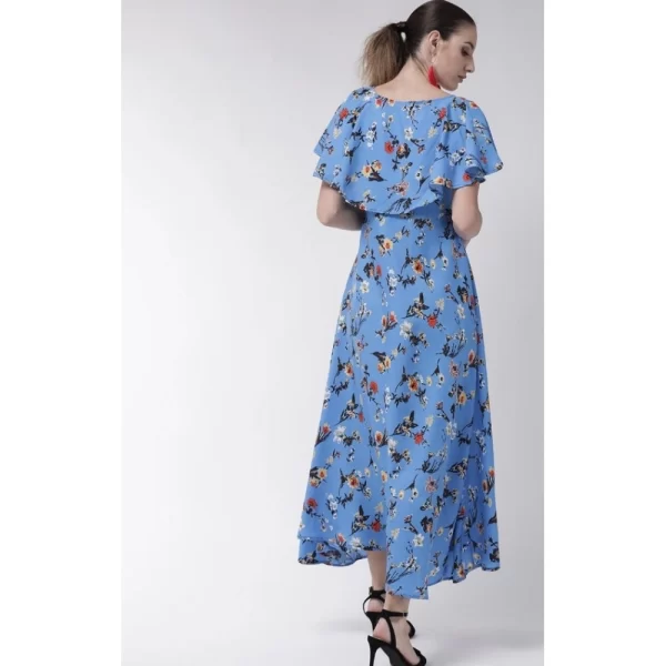 Women's Crepe Floral Half Sleeves Full Length Gown(Blue)