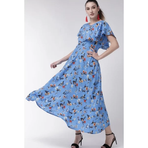 Women's Crepe Floral Half Sleeves Full Length Gown(Blue)