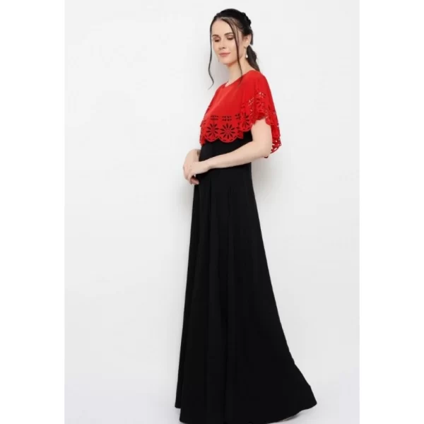 Women's Crepe Solid Sleeveless Full Length Gown(Red Black)