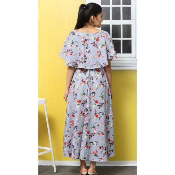 Women's Crepe Floral Half Sleeves Full Length Gown(Light Grey)