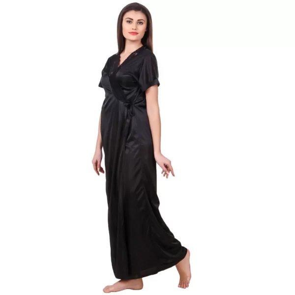 Women's Satin 2 PCs Set of Nighty And Wrap Gown with Half Sleeve(Color: Black, Neck Type: Sweatheart Neck)