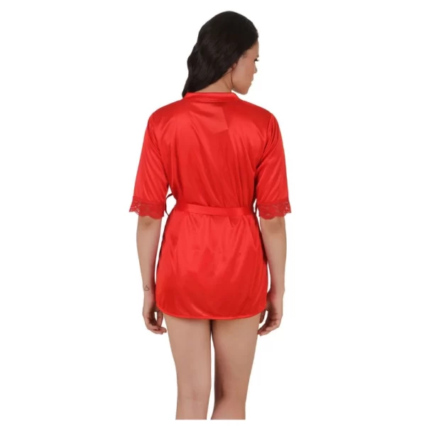 Women's Satin Babydoll Robe with Thong with Half Sleeve(Color: Red, Neck Type: V Neck)