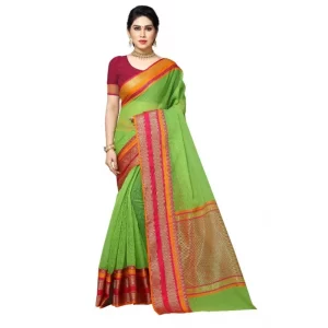 Women’s Kota Doria Cotton Border Saree With Blouse (Light Green, 5-6 Mtrs)
