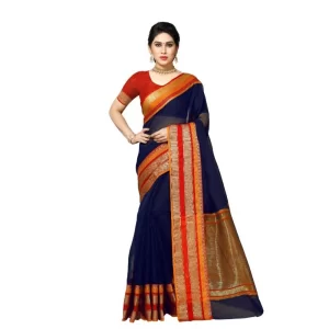 Women’s Kota Doria Cotton Border Saree With Blouse (Navy Blue, 5-6 Mtrs)