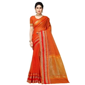 Women’s Kota Doria Cotton Border Saree With Blouse (Orange, 5-6 Mtrs)