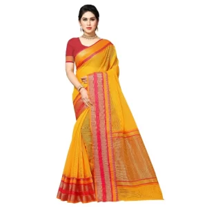 Women’s Kota Doria Cotton Border Saree With Blouse (Gold, 5-6 Mtrs)