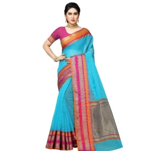 Women’s Kota Doria Cotton Border Saree With Blouse (Sky Blue, 5-6 Mtrs)