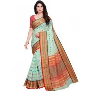 Women’s Kota Doria Cotton Woven Butta Saree With Blouse (Pista, 5-6 Mtrs)