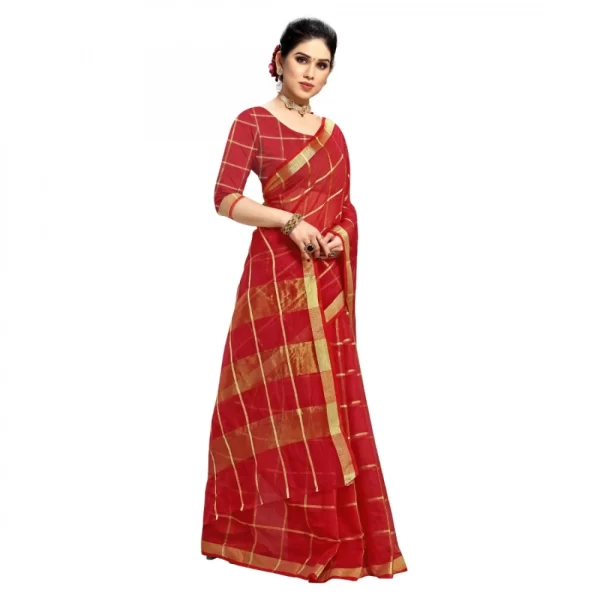 Women's Kota Doria Cotton Checked Saree With Blouse (Red, 5-6 Mtrs)