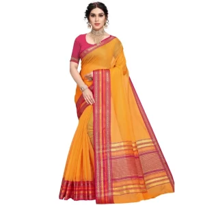 Women’s Kota Doria Cotton Bordered Saree With Blouse (Gold, 5-6 Mtrs)