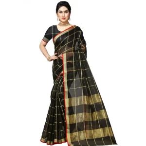 Women’s Kota Doria Cotton Checked Saree With Blouse (Black, 5-6 Mtrs)