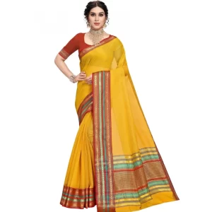 Women’s Kota Doria Cotton Bordered Saree With Blouse (Yellow, 5-6 Mtrs)