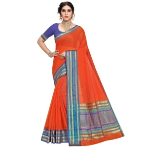 Women’s Kota Doria Cotton Bordered Saree With Blouse (Fanta, 5-6 Mtrs)