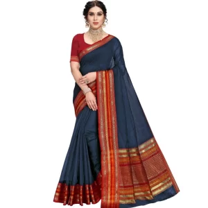 Women’s Kota Doria Cotton Bordered Saree With Blouse (Navy Blue, 5-6 Mtrs)