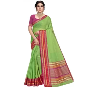 Women’s Kota Doria Cotton Bordered Saree With Blouse (Light Green, 5-6 Mtrs)