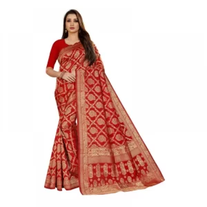 Women’s Jacquard Silk Kanjivaram Jacquard Silk Saree With Blouse (Red, 5-6 Mtrs)