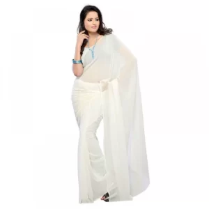 Women’s Georgette Plain Saree With Blouse (white, 5-6 Mtrs)
