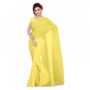 Women’s Georgette Plain Saree With Blouse (Lemon Yellow, 5-6 Mtrs)