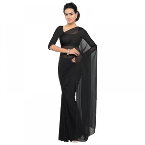 Women’s Georgette Plain Saree With Blouse (Black, 5-6 Mtrs)