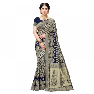 Women’s Jacquard Silk Kanjivaram Jacquard Silk Saree With Blouse (Navy Blue, 5-6 Mtrs)