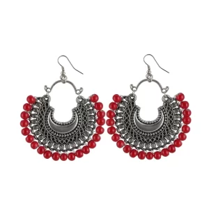 Generic Women’s Silver Plated Hook Dangler Hanging Beads Earring (Color: Red)