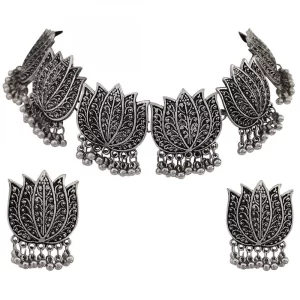 Generic Antique Silver Oxidised Tribal Afghani Necklace With Earrings Set For Women