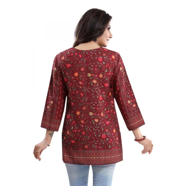 Women's Quarter Sleeve Faux Crepe Printed Short Kurti Tunic Top (Color:Red)