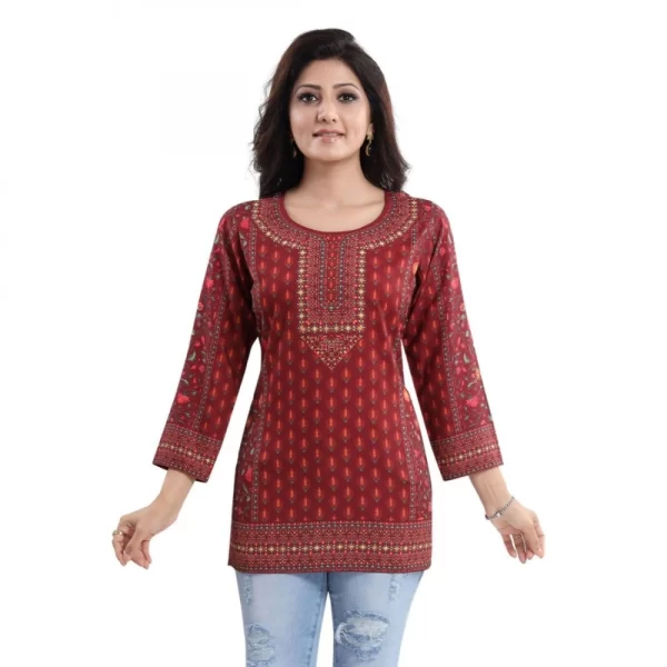 Women's Quarter Sleeve Faux Crepe Printed Short Kurti Tunic Top (Color:Red)