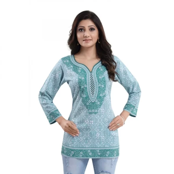 Women's Quarter Sleeve Faux Crepe Printed Short Kurti Tunic Top (Color:Blue)