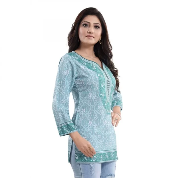 Women's Quarter Sleeve Faux Crepe Printed Short Kurti Tunic Top (Color:Blue)