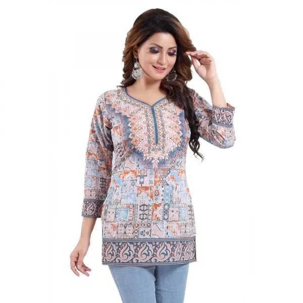 Women's Quarter Sleeve Faux Crepe Printed Short Kurti Tunic Top (Color:Blue)