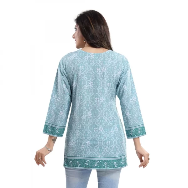 Women's Quarter Sleeve Faux Crepe Printed Short Kurti Tunic Top (Color:Blue)