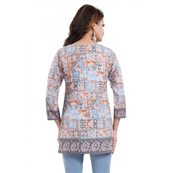 Women's Quarter Sleeve Faux Crepe Printed Short Kurti Tunic Top (Color:Blue)